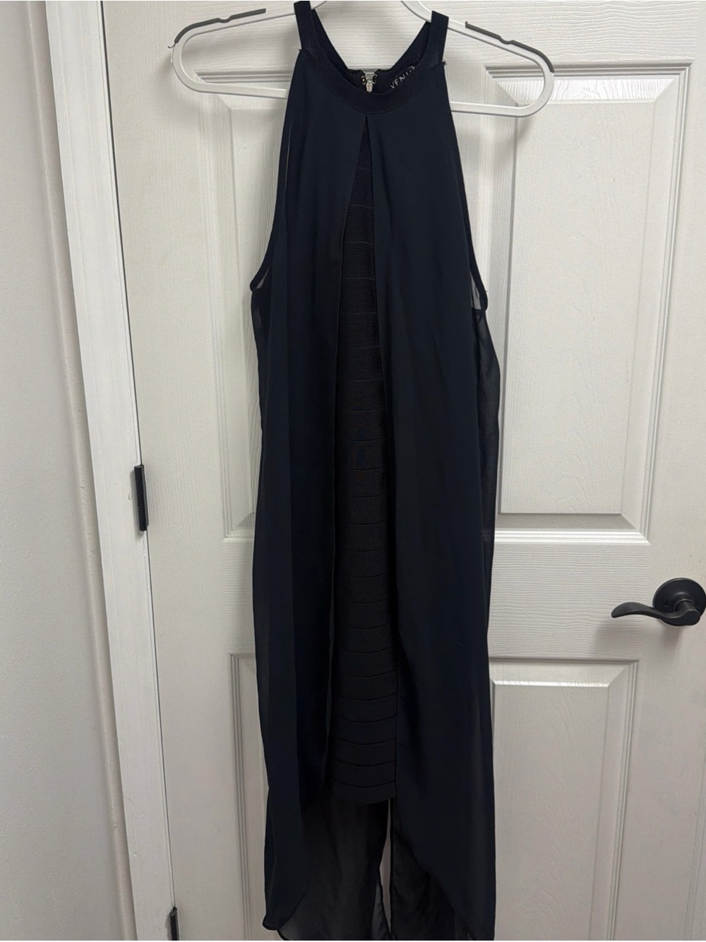 Women's Black Sleeveless Halter Dress black size 14 with chiffon overlay